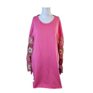 Umgee Medium Dress Tunic Women crochet sheer longlsleeve pockets stretch flaw